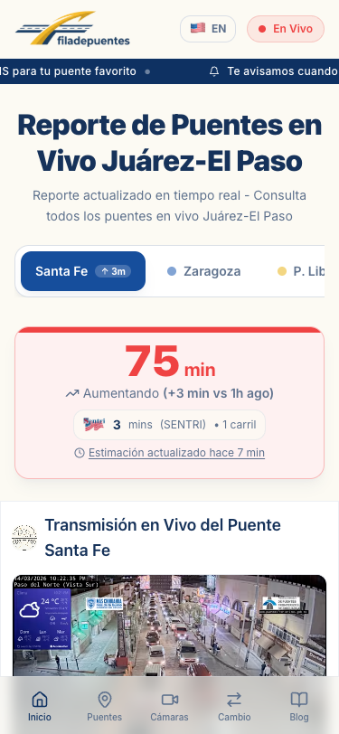 Fila de Puentes app mostrando tiempos de espera en vivo