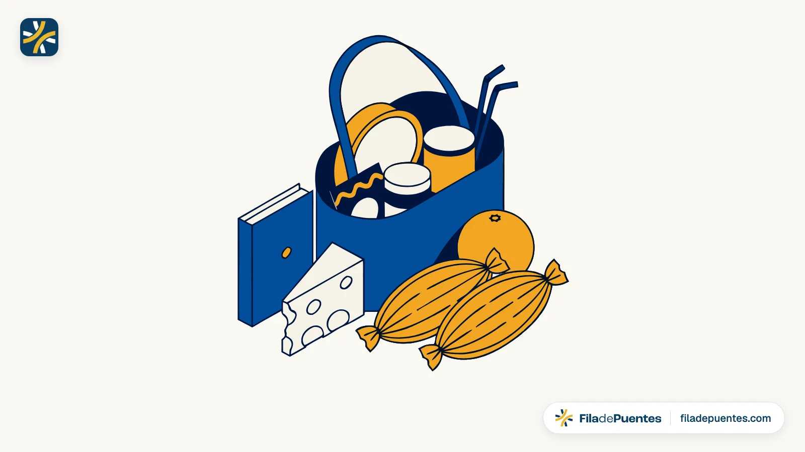 Ilustración de una bolsa de viaje con pasaporte, queso, tamales y una naranja para cruzar la frontera