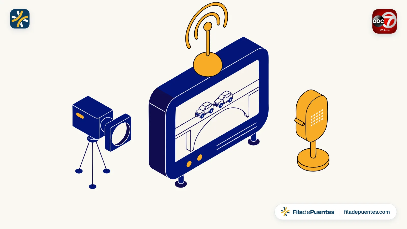 Ilustración de un set de noticias: televisión con un puente y autos en pantalla, cámara y micrófono
