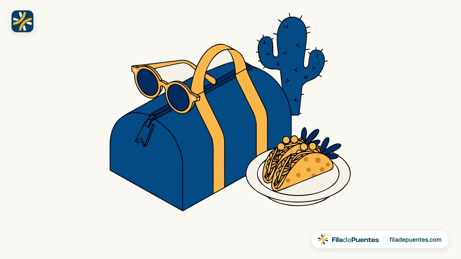 Ilustración de una maleta de fin de semana con lentes de sol, tacos y un cactus