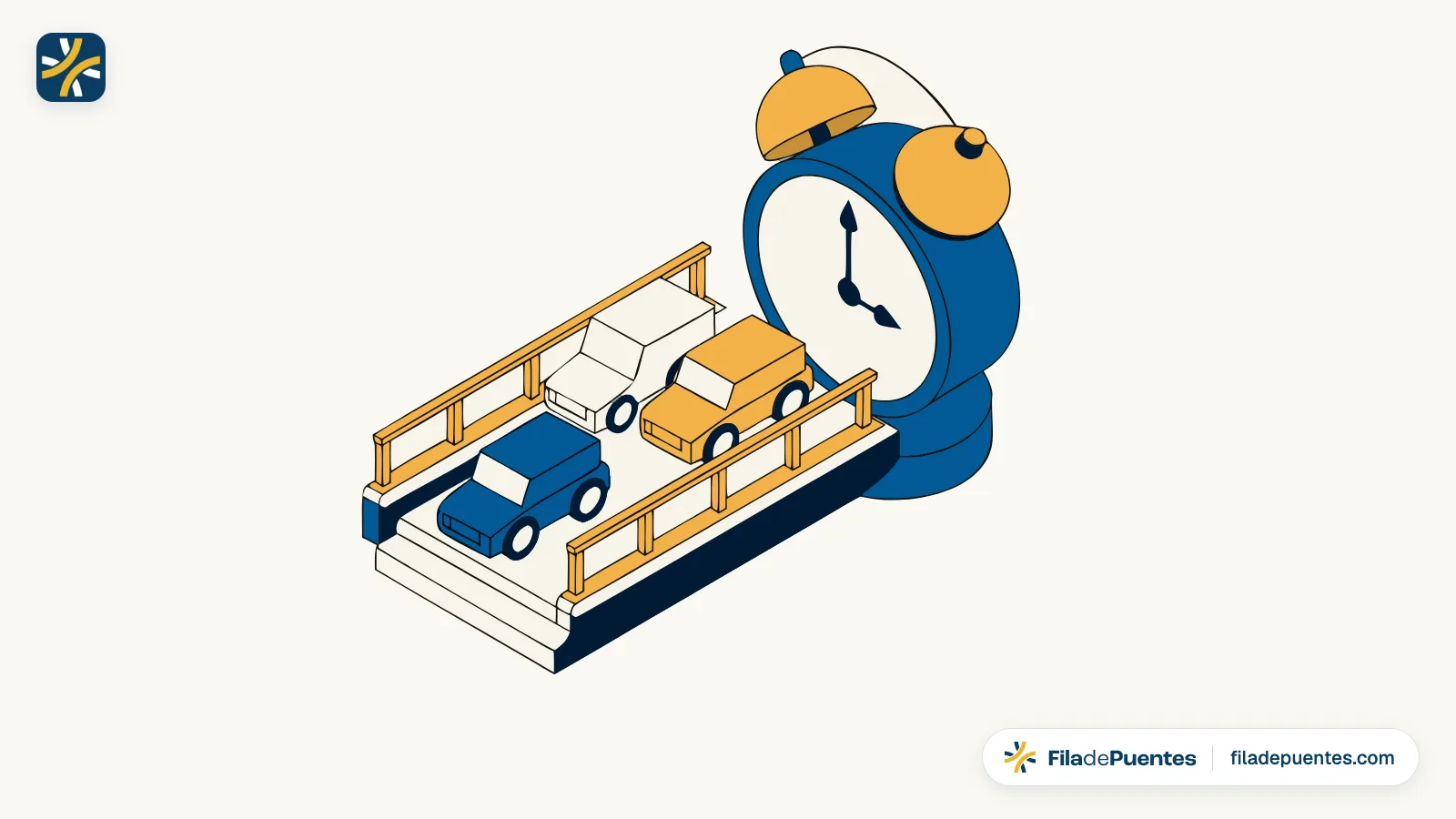 Ilustración de autos esperando en un puente internacional junto a un reloj despertador
