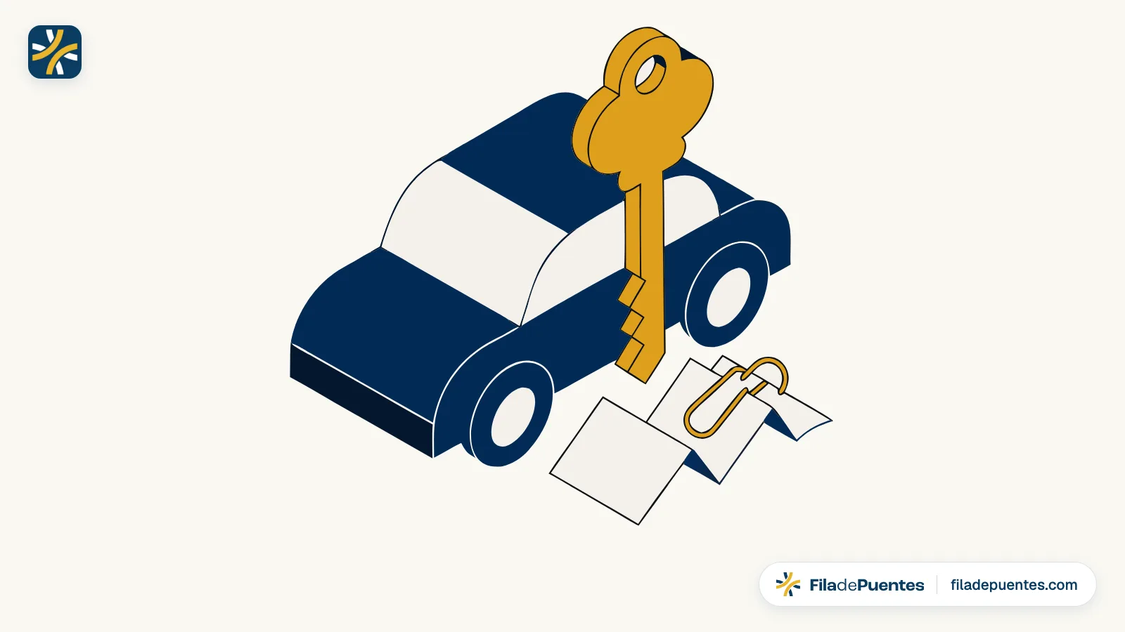 Ilustración de un carro con su llave y los papeles para cruzar de México a Estados Unidos