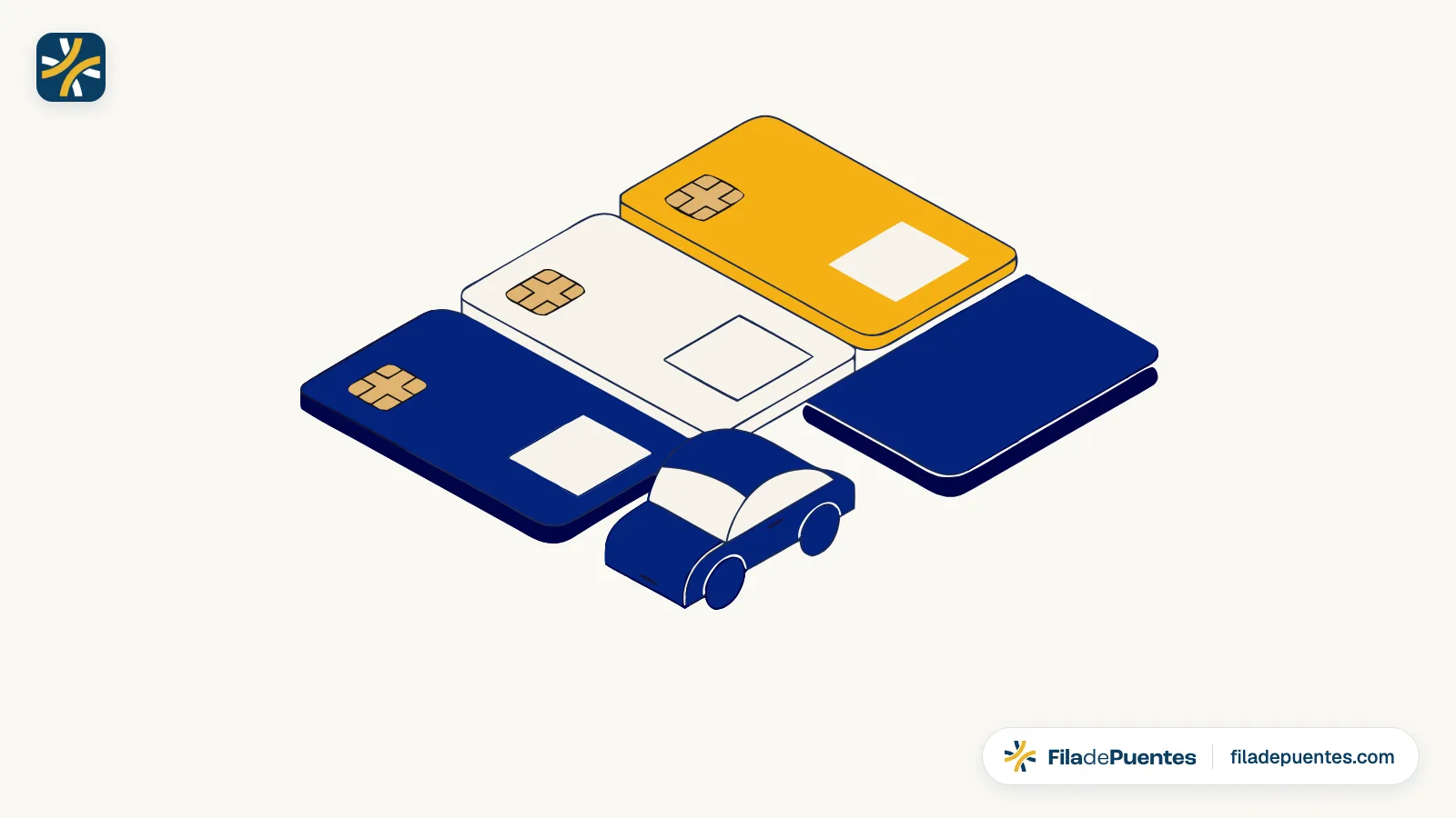 Ilustración de tres tarjetas con chip, un pasaporte y un carro: visa láser, SENTRI y Ready Lane