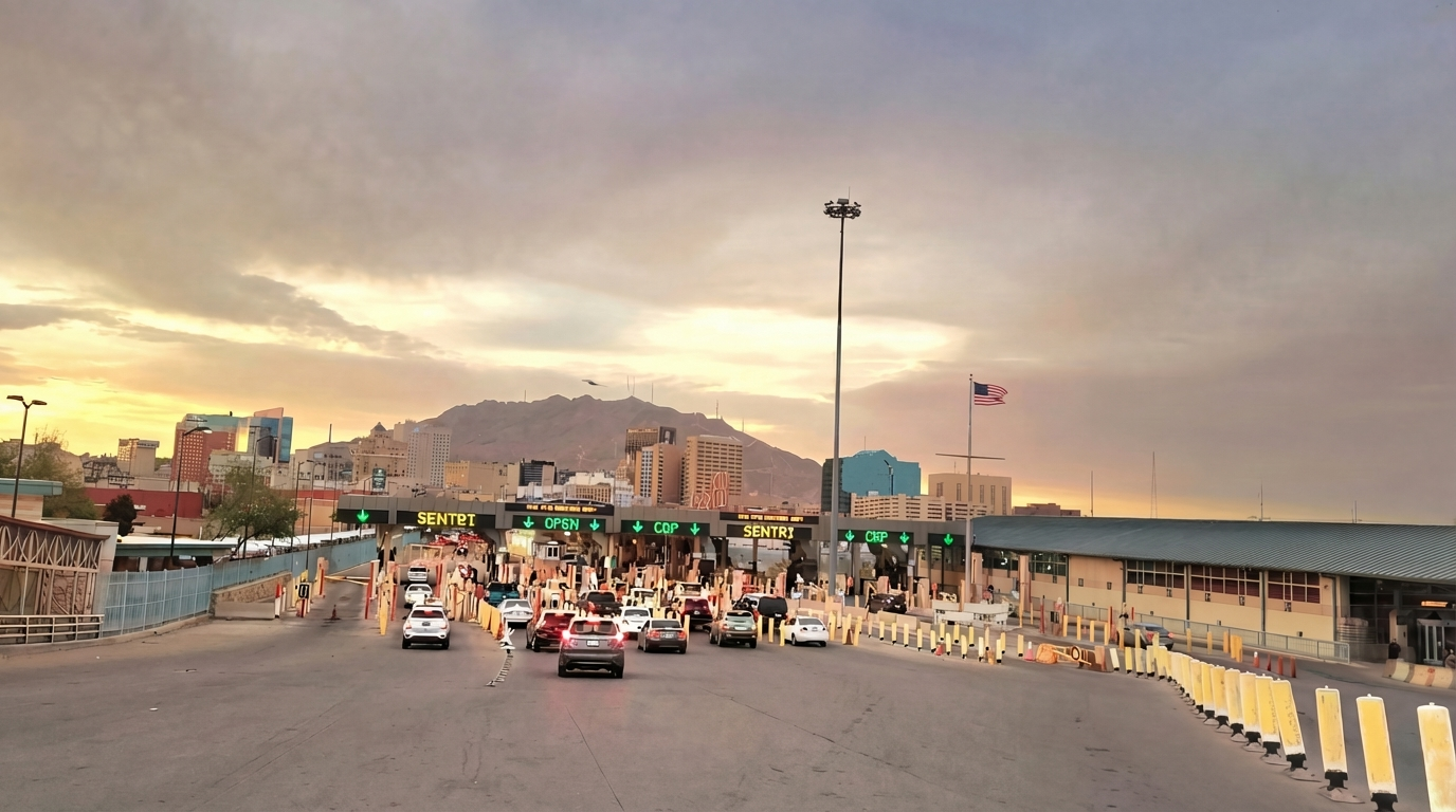 Carriles SENTRI en puerto de entrada entre El Paso y Ciudad Juárez al atardecer