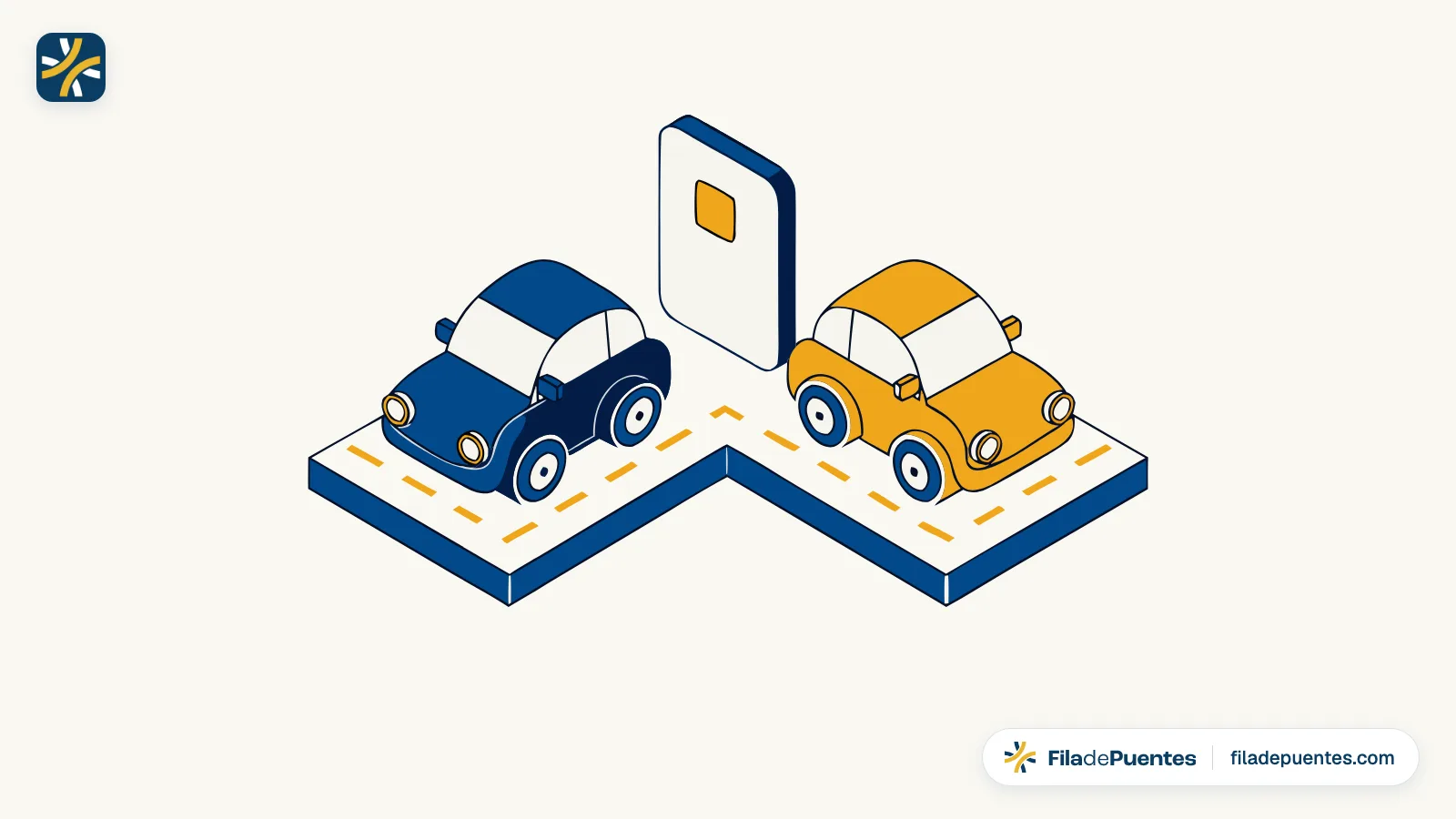 Ilustración de dos autos en carriles separados, SENTRI y Ready Lane, con una tarjeta con chip