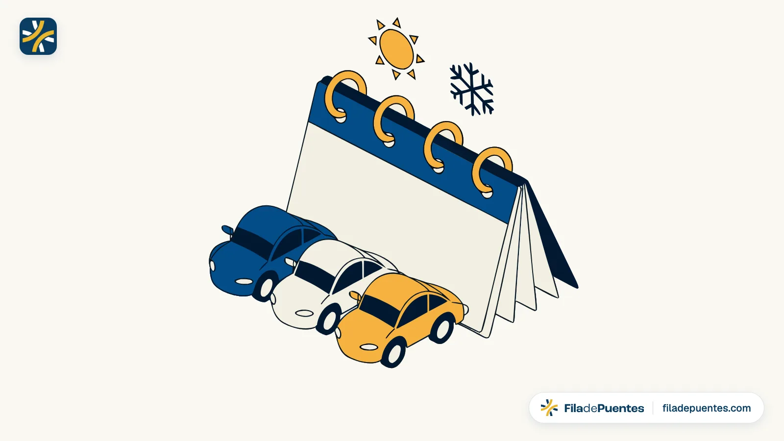 Ilustración de autos en fila junto a un calendario con sol y copo de nieve, la espera por temporada