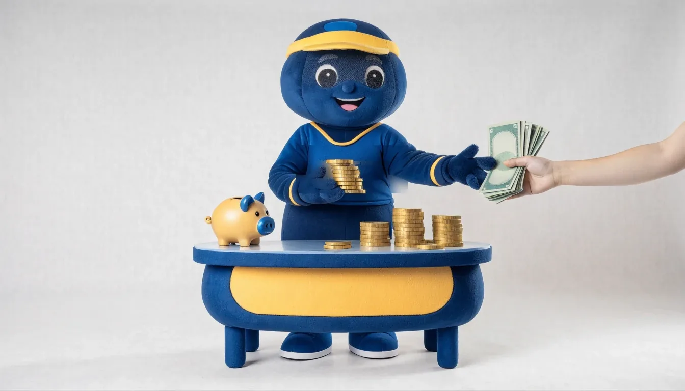 Fili, the Fila de Puentes mascot, exchanging dollars for Mexican pesos at a small counter